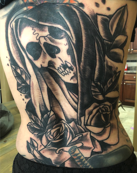 Tattoos - skull and flowers - 138357